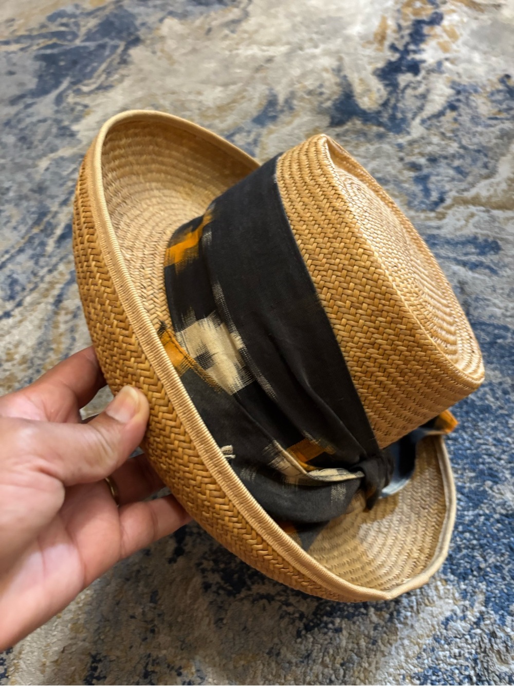 Saks Fifth Avenue Tan Straw Boater with Black Patterned Scarf